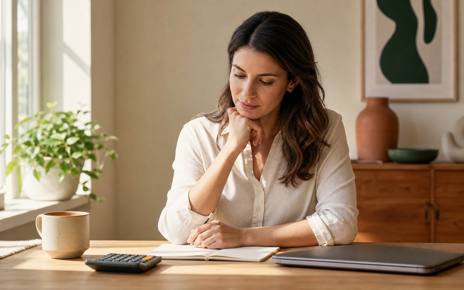 A person reviewing a budget at a home desk