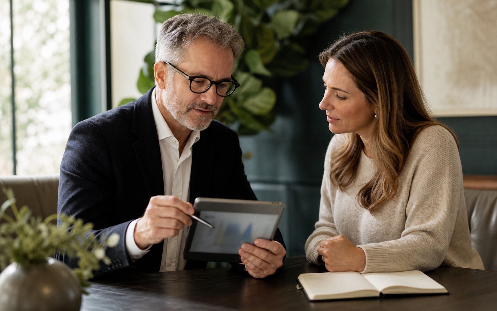 An advisor and client reviewing a financial plan
